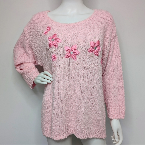 Vintage Sweaters - Vintage 80s 90s Light Pink Fuzzy Chunky Sweater With Satin Flowers, Beads & Gems